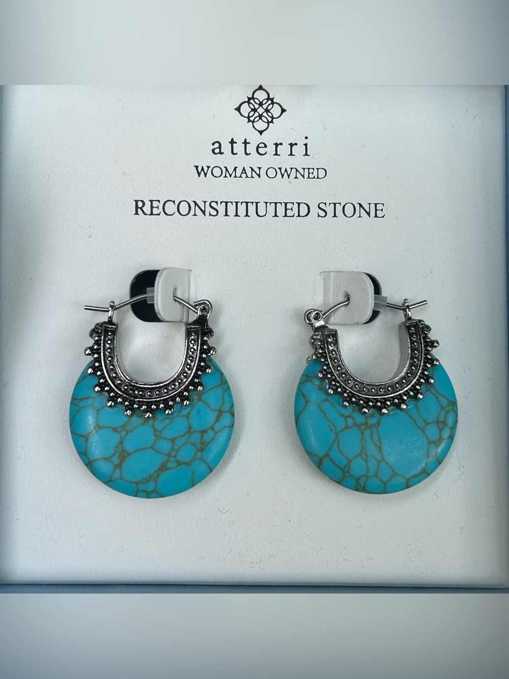 Silver Turquoise Disc Stone  Hoop Drop Earrings